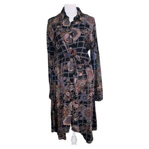Scared Threads Boho Long Sleeve Black/Blue Floral Button Down Shirt dress M New